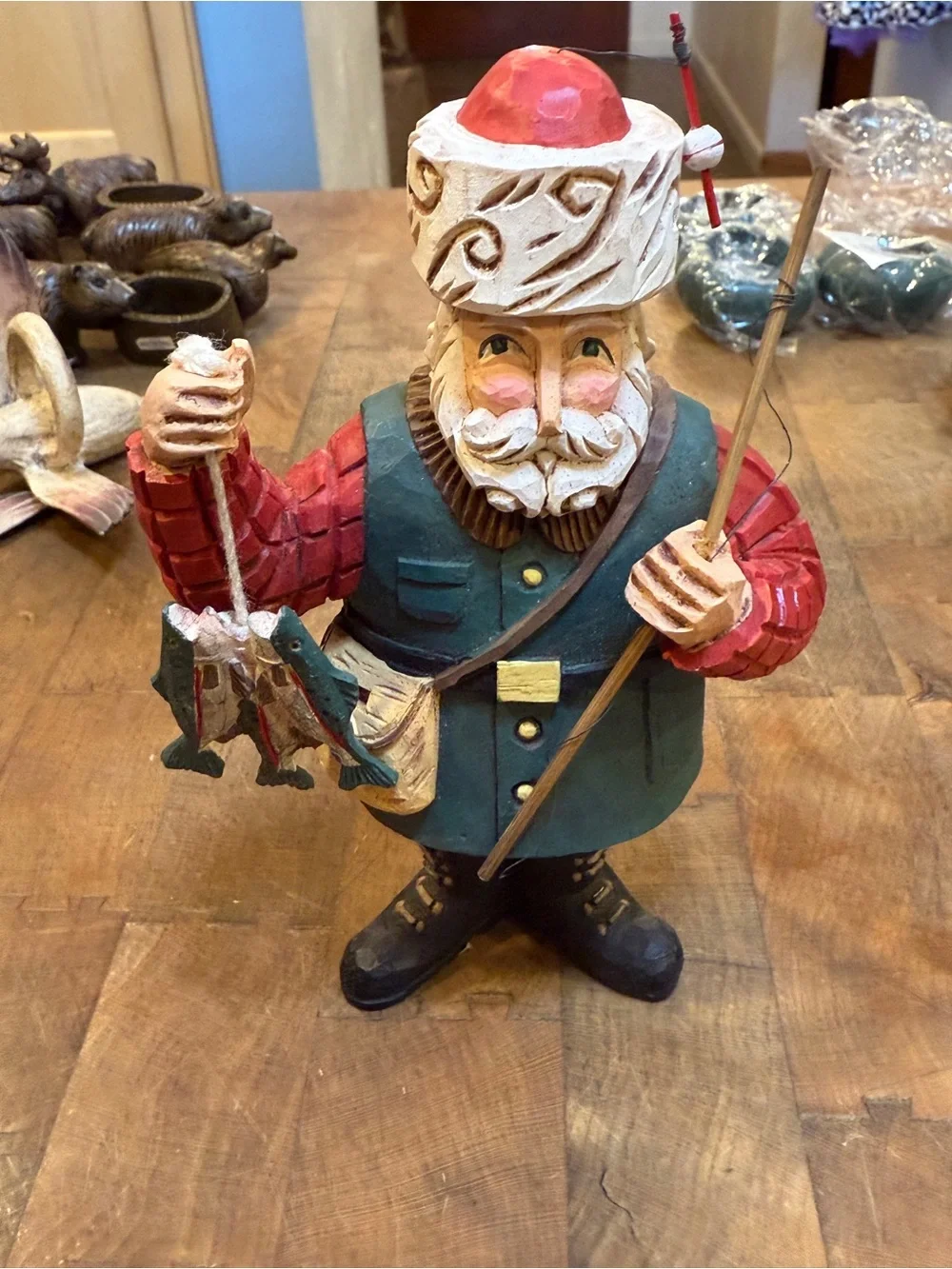 MidWest Holiday Fisherman Santa Figurine - Green & Red Fishing Santa